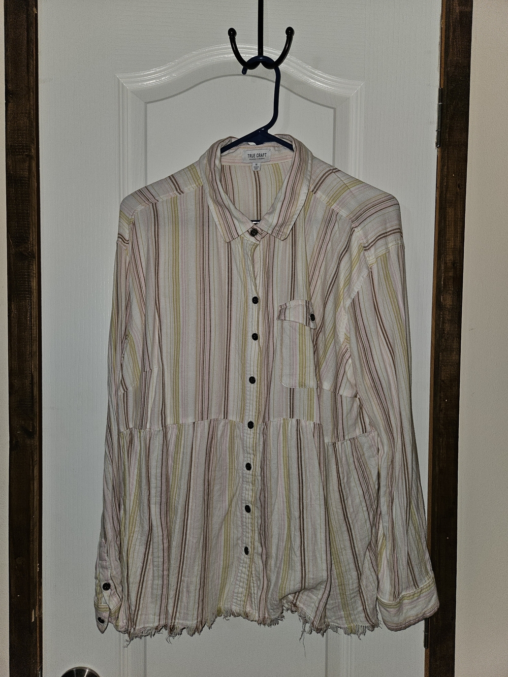 True Craft Striped Button-Down Shirt in White, Pink, Yellow